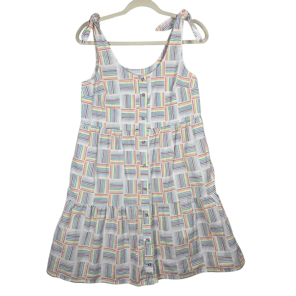 Take  Pride Rainbow Striped Tiered Mini Dress Size XS White Linen Blend Tie Sho